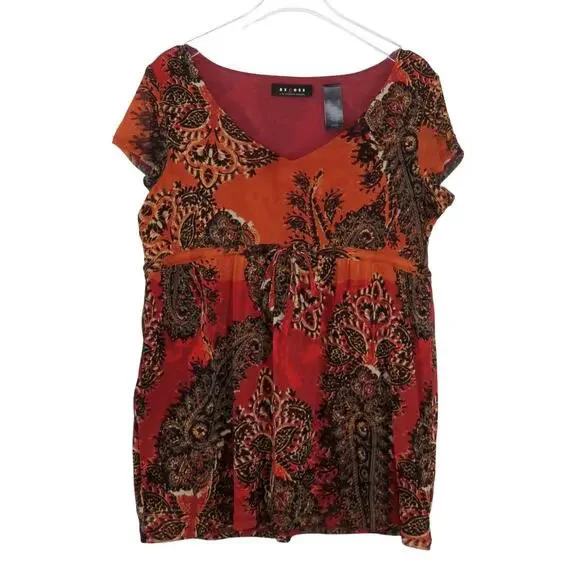 Axcess Y2K Orange Red Retro Floral Paisley Butterfly Babydoll Blouse Small - Picture 3 of 6